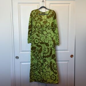 ECHO 100% Cotton Floral Green Maxi Cover Up with Tie V-neck & Front Slit Size M